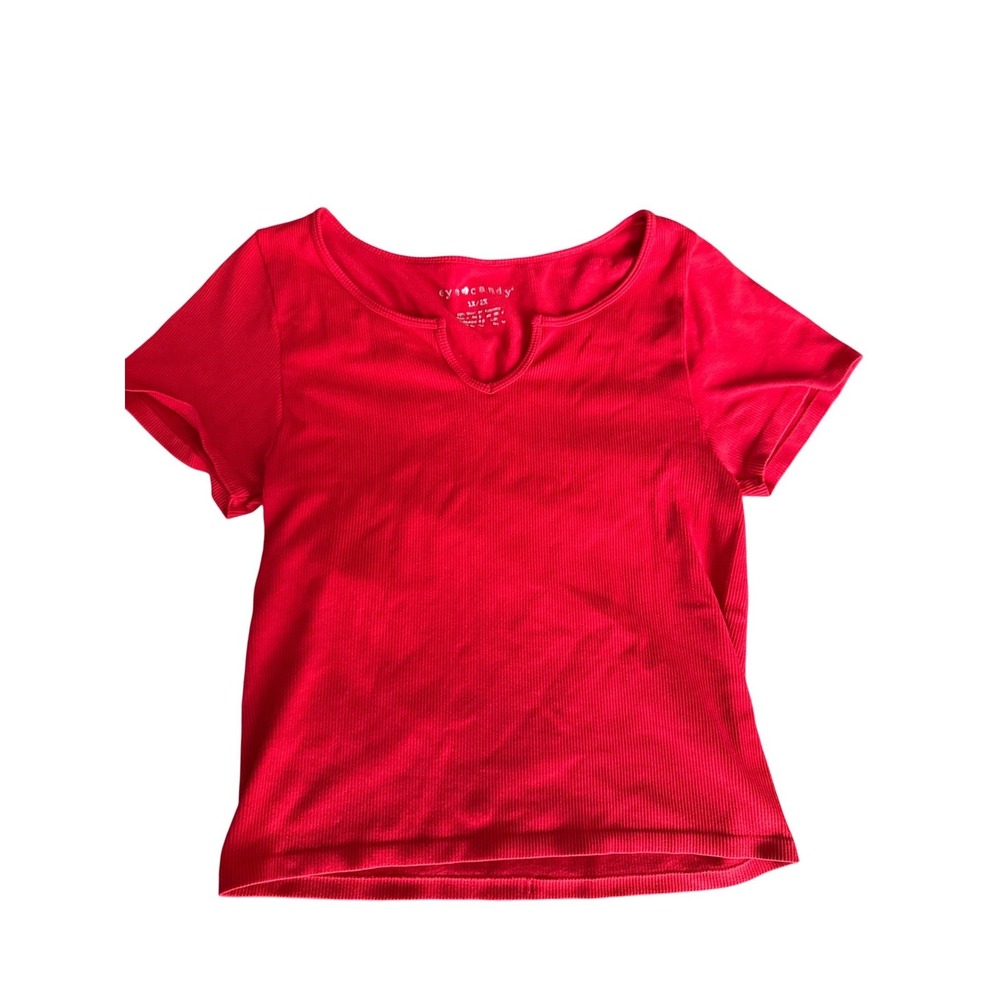 Y2K Eye Candy Ribbed Keyhole Top Red Baby Tee Plus Size 1X 2X
